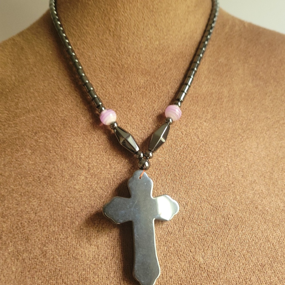 Hematite Cross Beaded‎ Necklace Pink Glass Accents 18" Goth